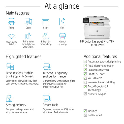 HP Color LaserJet Pro MFP M283fdw, Print, Copy, Scan, Fax, Front-facing USB printing; Scan to email; Two-sided printing; 50-sheet uncurled ADF HP Color LaserJet Pro MFP M283fdw, Print, Copy, Scan, Fax, Front-facing USB printing; Scan to email; Two-sided printing; 50-sheet uncurled ADF